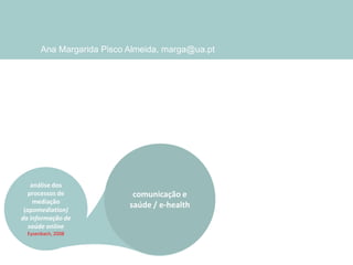Ana Margarida Pisco Almeida, marga@ua.pt

análise dos
processos de
mediação
(apomediation)
da informação de
saúde online
Eysenbach, 2008

comunicação e
saúde / e-health

 