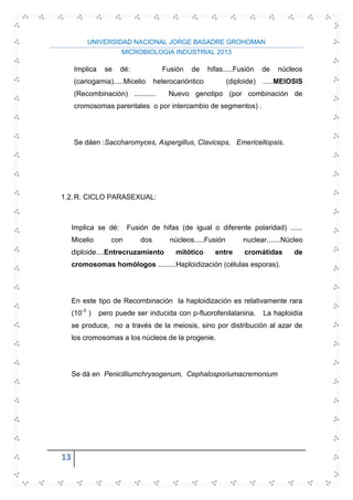UNIVERSIDAD NACIONAL JORGE BASADRE GROHOMAN
MICROBIOLOGIA INDUSTRIAL 2013
13
Implica se dé: Fusión de hifas.....Fusión de núcleos
(cariogamia).....Micelio heterocarióntico (diploide) .....MEIOSIS
(Recombinación) ........... Nuevo genotipo (por combinación de
cromosomas parentales o por intercambio de segmentos) .
Se dáen :Saccharomyces, Aspergillus, Claviceps, Emericellopsis.
1.2.R. CICLO PARASEXUAL:
Implica se dé: Fusión de hifas (de igual o diferente polaridad) ......
Micelio con dos núcleos.....Fusión nuclear.......Núcleo
diploide....Entrecruzamiento mitótico entre cromátidas de
cromosomas homólogos .........Haploidización (células esporas).
En este tipo de Recombinación la haploidización es relativamente rara
(10-3
) pero puede ser inducida con p-fluorofenilalanina. La haploidía
se produce, no a través de la meiosis, sino por distribución al azar de
los cromosomas a los núcleos de la progenie.
Se dá en Penicilliumchrysogenum, Cephalosporiumacremonium
 