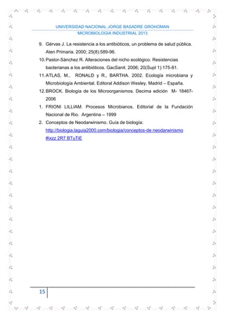 UNIVERSIDAD NACIONAL JORGE BASADRE GROHOMAN
MICROBIOLOGIA INDUSTRIAL 2013
15
9. Gérvas J. La resistencia a los antibióticos, un problema de salud pública.
Aten Primaria. 2000; 25(8):589-96.
10.Pastor-Sánchez R. Alteraciones del nicho ecológico. Resistencias
bacterianas a los antibióticos. GacSanit. 2006; 20(Supl 1):175-81.
11.ATLAS, M., RONALD y R., BARTHA. 2002. Ecología microbiana y
Microbiología Ambiental. Editoral Addison Wesley. Madrid – España.
12.BROCK. Biología de los Microorganismos. Decima edición M- 18467-
2006
1. FRIONI LILLIAM. Procesos Microbianos. Editorial de la Fundación
Nacional de Rio. Argentina – 1999
2. Conceptos de Neodarwinismo. Guía de biología:
http://biologia.laguia2000.com/biologia/conceptos-de neodarwinismo
#ixzz 2R7 BTuTiE
 