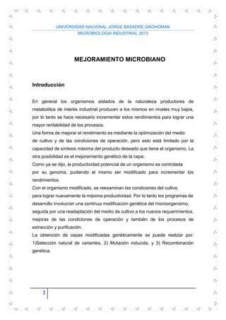 UNIVERSIDAD NACIONAL JORGE BASADRE GROHOMAN
MICROBIOLOGIA INDUSTRIAL 2013
3
MEJORAMIENTO MICROBIANO
Introducción
En general los organismos aislados de la naturaleza productores de
metabolitos de interés industrial producen a los mismos en niveles muy bajos,
por lo tanto se hace necesario incrementar estos rendimientos para lograr una
mayor rentabilidad de los procesos.
Una forma de mejorar el rendimiento es mediante la optimización del medio
de cultivo y de las condiciones de operación, pero esto está limitado por la
capacidad de síntesis máxima del producto deseado que tiene el organismo. La
otra posibilidad es el mejoramiento genético de la cepa.
Como ya se dijo, la productividad potencial de un organismo es controlada
por su genoma, pudiendo el mismo ser modificado para incrementar los
rendimientos.
Con el organismo modificado, se reexaminan las condiciones del cultivo
para lograr nuevamente la máxima productividad. Por lo tanto los programas de
desarrollo involucran una continua modificación genética del microorganismo,
seguida por una readaptación del medio de cultivo a los nuevos requerimientos,
mejoras de las condiciones de operación y también de los procesos de
extracción y purificación.
La obtención de cepas modificadas genéticamente se puede realizar por:
1)Selección natural de variantes, 2) Mutación inducida, y 3) Recombinación
genética.
 