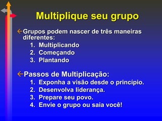 Multiplique seu grupo
Grupos podem nascer de três maneiras
diferentes:
1. Multiplicando
2. Começando
3. Plantando
Passos...