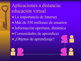 Aplicaciones a distancia: educación virtual <ul><li>La importancia de Internet </li></ul><ul><li>Más de 550 millones de us...