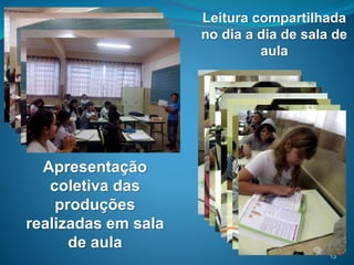 13
Apresentação
coletiva das
produções
realizadas em sala
de aula
Leitura compartilhada
no dia a dia de sala de
aula
 