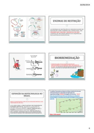 26/06/2014
6
AS ENZIMAS DE RESTRIÇÃO OU ENDONUCLEASES DE
RESTRIÇÃO COMO TAMBÉM SÃO CONHECIDAS, SÃO
ENZIMAS QUE CORTAM A MOLÉCULA DE DNA
ATRAVÉS DO RECONHECIMENTO DE SEQUÊNCIAS
NUCLEOTÍDICAS ESPECÍFICAS.
ENZIMAS DE RESTRIÇÃO
T E C N O LO G I A Q U E U T I L I Z A AG E N T E S B I O LÓ G I CO S ,T E C N O LO G I A Q U E U T I L I Z A AG E N T E S B I O LÓ G I CO S ,
PA RT I C U L A R M E N T E O S M I C RO RG A N I S M O S , PA R A R E M OV E RPA RT I C U L A R M E N T E O S M I C RO RG A N I S M O S , PA R A R E M OV E R
P O LU E N T E S TÓX I CO S D O A M B I E N T E , P R I N C I PA L M E N T E D O S O LO EP O LU E N T E S TÓX I CO S D O A M B I E N T E , P R I N C I PA L M E N T E D O S O LO E
DA ÁG UADA ÁG UA . O S P O LU E N T E S S ÃO D E CO M P O S TO S E M S U B S TA N C I A S
ATÓX I C A S P O R M E I O D O M E TA B O L I S M O M I C RO B I A N O.
BIORREMEDIAÇÃOBIORREMEDIAÇÃO
BR AS IL É R E S PON SÁVEL POR 60% DA E X PAN SÃO M UN DIAL DOS
T R AN SGÊNICOS E M 2012.
E N TRE 2011 E 20122011 E 2012, A ÁR E A PLAN TADA COM T R AN S GÊ NICOS
N O M UN DO C R E S C EU 6%, PASSAN DO D E 1 6 0 MI L HÕE S D E
HE CTARES PARA 1 7 0 ,3 MI L HÕE S, UM I N CRE MENTO D E 1 0 ,3
MI L HÕES. N O ME SMO PE RÍ OD O, O BR AS IL AUM E N TOU E M 6,3
M ILH ÕES D E HE CTARE S O CULTI VO D E SE ME N TES
GE N E TICAMENTE MOD I F I CADAS (GM). IS S O FAZ COM QUE O
PAÍ S , S OZI N H O, CON T R IBUA COM 61% DO AVAN ÇO NA ÁR E A
PLAN TADA N O M UN DO COM VAR IE DADE S BIOT E C NOLÓGICAS .
EXPANSÃO DA BIOTECNOLOGIA NOEXPANSÃO DA BIOTECNOLOGIA NO
BRASILBRASIL
A análiseé baseadanos dadosdo últimorelatóriodo ServiçoA análiseé baseadanos dadosdo últimorelatóriodo Serviço
Internacionalpara a AquisiçãoInternacionalpara a Aquisiçãode Aplicaçõesemde Aplicaçõesem
AgrobiotecnologiaAgrobiotecnologia (ISAAA)(ISAAA), divulgadoem fevereiro, divulgadoem fevereiro.. ‘’2013’’‘’2013’’
Esse desempenhofaz do Paísuma referência na adoção daEsse desempenhofaz do Paísuma referência na adoção da
biotecnologia e consolidauma posiçãoestratégicacomo produtorbiotecnologia e consolidauma posiçãoestratégicacomo produtor
agrícola.agrícola.
http://http://cib.org.br/cib.org.br/
 
