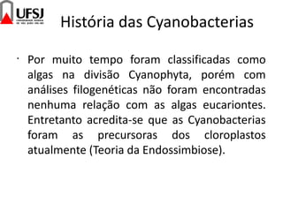 História das Cyanobacterias
•
Por muito tempo foram classificadas como
algas na divisão Cyanophyta, porém com
análises filogenéticas não foram encontradas
nenhuma relação com as algas eucariontes.
Entretanto acredita-se que as Cyanobacterias
foram as precursoras dos cloroplastos
atualmente (Teoria da Endossimbiose).
 