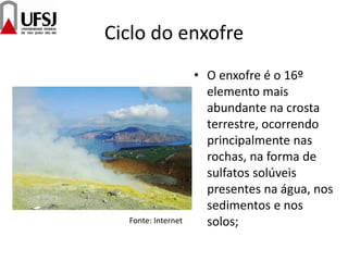 Ciclo do enxofre
• O enxofre é o 16º
elemento mais
abundante na crosta
terrestre, ocorrendo
principalmente nas
rochas, na forma de
sulfatos solúveis
presentes na água, nos
sedimentos e nos
solos;Fonte: Internet
 
