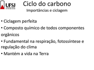 Ciclo do carbono
Importâncias e ciclagem
• Ciclagem perfeita
• Composto químico de todos componentes
orgânicos
• Fundamental na respiração, fotossíntese e
regulação do clima
• Mantém a vida na Terra
 