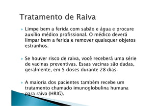 Limpe bem a ferida com sabão e água e procure
auxílio médico profissional. O médico deverá
limpar bem a ferida e remover quaisquer objetos
estranhos.
Se houver risco de raiva, você receberá uma sérieSe houver risco de raiva, você receberá uma série
de vacinas preventivas. Essas vacinas são dadas,
geralmente, em 5 doses durante 28 dias.
A maioria dos pacientes também recebe um
tratamento chamado imunoglobulina humana
para raiva (HRIG). a mordida.
 