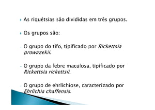 As riquétsias são divididas em três grupos.
Os grupos são:
- O grupo do tifo, tipificado por Rickettsia
prowazekii.prowazekii.
- O grupo da febre maculosa, tipificado por
Rickettsia rickettsii.
- O grupo de ehrlichiose, caracterizado por
Ehrlichia chaffensis.
 