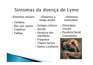 -Sintomas iniciais:
Cefaleia
Dor nas costas
Calafrios
Fadiga
-Sintomas a
longo prazo:
Estágio crônico
Artrite
Paralisia dos
-Sintomas
avançados:
Distúrbios
visuais
Paralisia facialFadiga Paralisia dos
membros
Fraqueza
Tiques faciais
Danos cardíacos
Paralisia facial
Convulsões
 