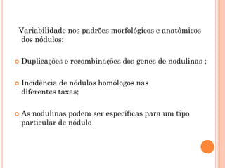Variabilidade nos padrões morfológicos e anatômicos
dos nódulos:
 Duplicações e recombinações dos genes de nodulinas ;
 Incidência de nódulos homólogos nas
diferentes taxas;
 As nodulinas podem ser específicas para um tipo
particular de nódulo
 