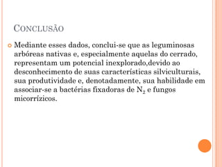 CONCLUSÃO
 Mediante esses dados, conclui-se que as leguminosas
arbóreas nativas e, especialmente aquelas do cerrado,
representam um potencial inexplorado,devido ao
desconhecimento de suas características silviculturais,
sua produtividade e, denotadamente, sua habilidade em
associar-se a bactérias fixadoras de N2 e fungos
micorrízicos.
 