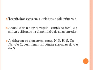  Termiteiros ricos em nutrientes e sais minerais
 Acúmulo de material vegetal, conteúdo fecal, e a
saliva utilizados na cimentação de suas paredes.
 A ciclagem de elementos, como, N, P, K, S, Ca,
Na, C e O, com maior influência nos ciclos do C e
do N
 