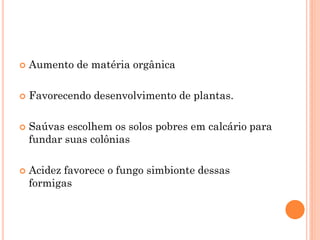  Aumento de matéria orgânica
 Favorecendo desenvolvimento de plantas.
 Saúvas escolhem os solos pobres em calcário para
fundar suas colônias
 Acidez favorece o fungo simbionte dessas
formigas
 