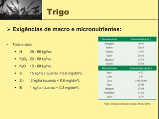 Trigo
 Exigências de macro e micronutrientes:
• Todo o ciclo
 N 20 - 80 kg/ha;
 P2O5 20 - 90 kg/ha;
 K2O 10 - 60 kg/ha;
 S 15 kg/ha ( quando < 0,6 mg/dm³);
 Zn 3 kg/ha (quando < 0,6 mg/dm³);
 B 1 kg/ha (quando < 0,3 mg/dm³).
Fonte: Manejo nutricional do trigo; (Bona, 2016).
 