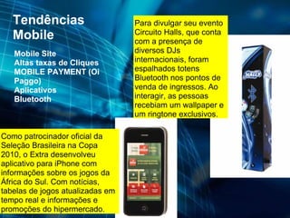 Tendências Mobile Mobile Site Altas taxas de Cliques MOBILE PAYMENT (Oi Paggo) Aplicativos Bluetooth Para divulgar seu evento Circuito Halls, que conta com a presença de diversos DJs internacionais, foram espalhados totens Bluetooth nos pontos de venda de ingressos. Ao interagir, as pessoas recebiam um wallpaper e um ringtone exclusivos. Como patrocinador oficial da Seleção Brasileira na Copa 2010, o Extra desenvolveu aplicativo para iPhone com informações sobre os jogos da África do Sul. Com notícias, tabelas de jogos atualizadas em tempo real e informações e promoções do hipermercado. 