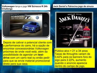 Volkswagen  lança o jogo  VW Scirocco R 24h Challenge   Depois de cativar o potencial cliente com a performance do carro, há a opção de encontrar concessionárias Volksvagen próximas de onde você está, além da possibilidade de agendar um  test-drive  com um carro real ou então pedir para que se envie material promocional direto para sua casa. Jack Daniel’s Patrocina jogo de sinuca em 3D Público alvo = 21 a 34 anos Taxas de throughts variam de 0,42% para os banners fora do jogo para 2.22%, aumento quando o anúncio aparecia dentro do campo de jogo. 