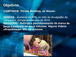 Objetivos CAMPANHA: Pôneis Malditos, da Nissan: VENDAS  - Aumento de 68% no mês de divulgação da campanha, comparado ao ano de 2010; BRANDING  -  Reforça o posicionamento da marca de  força e potência  em seus veículos. Alguns Vídeos ultrapassaram 300 mil acessos. 