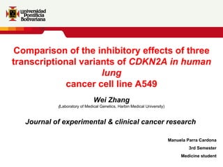 Manuela Parra Cardona 3rd Semester Medicine student Texto adicional Texto adicional Texto adicional texto adicional Texto adicional texto adicional Comparison of the inhibitory effects of three transcriptional variants of  CDKN2A in human lung cancer cell line A549 Wei Zhang ( Laboratory of Medical Genetics, Harbin Medical University) Journal of experimental & clinical cancer research  