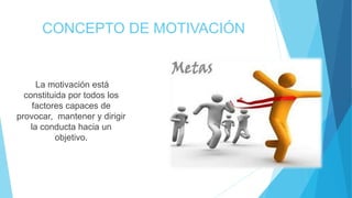 CONCEPTO DE MOTIVACIÓN
La motivación está
constituida por todos los
factores capaces de
provocar, mantener y dirigir
la conducta hacia un
objetivo.
 