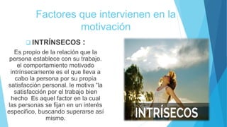 Factores que intervienen en la
motivación
 INTRÍNSECOS :
Es propio de la relación que la
persona establece con su trabajo.
el comportamiento motivado
intrínsecamente es el que lleva a
cabo la persona por su propia
satisfacción personal. le motiva “la
satisfacción por el trabajo bien
hecho Es aquel factor en la cual
las personas se fijan en un interés
especifico, buscando superarse así
mismo.
 