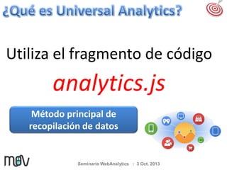 Utiliza el fragmento de código

analytics.js
Método principal de
recopilación de datos

Seminario WebAnalytics : 3 Oct. 2013

 