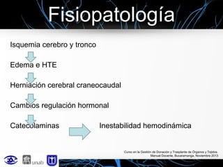 Fisiopatología
Isquemia cerebro y tronco
Edema e HTE
Herniación cerebral craneocaudal
Cambios regulación hormonal
Catecolaminas

Inestabilidad hemodinámica

Curso en la Gestión de Donación y Trasplante de Órganos y Tejidos.
Manual Docente. Bucaramanga, Noviembre 2013

 