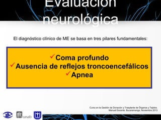 Evaluación
neurológica
El diagnóstico clínico de ME se basa en tres pilares fundamentales:

Coma profundo
Ausencia de reflejos troncoencefálicos
Apnea

Curso en la Gestión de Donación y Trasplante de Órganos y Tejidos.
Manual Docente. Bucaramanga, Noviembre 2013

 