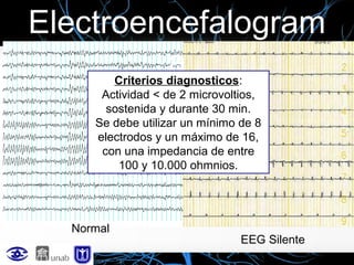 Electroencefalogram
a
Criterios diagnosticos:
Actividad < de 2 microvoltios,
sostenida y durante 30 min.
Se debe utilizar un mínimo de 8
electrodos y un máximo de 16,
con una impedancia de entre
100 y 10.000 ohmnios.

Normal

EEG Silente

 