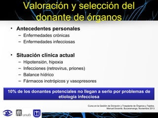 Valoración y selección del
donante de órganos
• Antecedentes personales
– Enfermedades crónicas
– Enfermedades infecciosas

• Situación clínica actual
–
–
–
–

Hipotensión, hipoxia
Infecciones (retrovirus, priones)
Balance hídrico
Fármacos inotrópicos y vasopresores

10% de los donantes potenciales no llegan a serlo por problemas de
etiología infecciosa
Curso en la Gestión de Donación y Trasplante de Órganos y Tejidos.
Manual Docente. Bucaramanga, Noviembre 2013

 