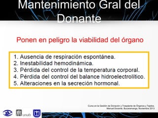 Mantenimiento Gral del
Donante
Ponen en peligro la viabilidad del órgano

Curso en la Gestión de Donación y Trasplante de Órganos y Tejidos.
Manual Docente. Bucaramanga, Noviembre 2013

 
