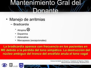 Mantenimiento Gral del
Donante
• Manejo de arritmias
– Bradicardia
• Atropina



• Dopamina
• Adrenalina
• Marcapasos (excepcionales)

La bradicardia aparece con frecuencia en los pacientes en
ME debido a la pérdida del tono simpático. La destrucción del
núcleo ambiguo del tronco del encéfalo anula el tono vagal
Curso en la Gestión de Donación y Trasplante de Órganos y Tejidos.
Manual Docente. Bucaramanga, Noviembre 2013

 