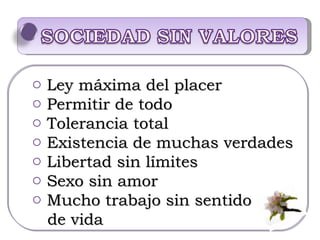 Ley máxima del placer  Permitir de todo Tolerancia total Existencia de muchas verdades Libertad sin límites Sexo sin amor Mucho trabajo sin sentido  de vida 