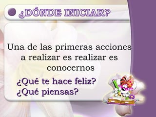 Una de las primeras acciones  a realizar es realizar es  conocernos ¿Qué te hace feliz? ¿Qué piensas?  