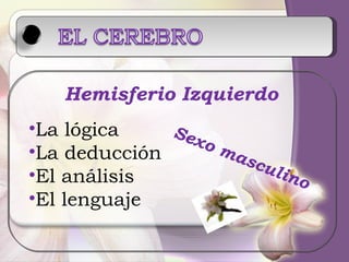 La lógica La deducción El análisis  El lenguaje Hemisferio Izquierdo Sexo masculino 