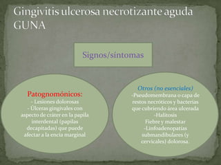 Signos/síntomas
Patognomónicos:
- Lesiones dolorosas
- Úlceras gingivales con
aspecto de cráter en la papila
interdental (papilas
decapitadas) que puede
afectar a la encía marginal
Otros (no esenciales)
-Pseudomembrana o capa de
restos necróticos y bacterias
que cubriendo área ulcerada
-Halitosis
Fiebre y malestar
-Linfoadenopatías
submandibulares (y
cervicales) dolorosa.
 