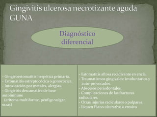 - Estomatitis aftosa recidivante en encía.
- Traumatismos gingivales: involuntarios y
auto-provocados.
- Abscesos periodontales.
- Complicaciones de las fracturas
radiculares.
- Otras injurias radiculares o pulpares.
- Liquen Plano ulcerativo o erosivo
- Gingivoestomatitis herpética primaria.
- Estomatitis estreptocócica o gonocócica.
- Intoxicación por metales, alergias.
- Gingivitis descamativa de base
autoinmune
(eritema multiforme, pénfigo vulgar,
otras)
Diagnóstico
diferencial
 