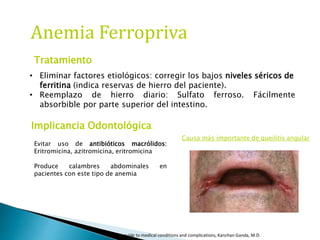 Anemia Ferropriva
Tratamiento
Implicancia Odontológica
Causa más importante de queilitis angular
Dentist guide to medical conditions and complications, Kanchan Ganda, M.D.
• Eliminar factores etiológicos: corregir los bajos niveles séricos de
ferritina (indica reservas de hierro del paciente).
• Reemplazo de hierro diario: Sulfato ferroso. Fácilmente
absorbible por parte superior del intestino.
Evitar uso de antibióticos macrólidos:
Eritromicina, azitromicina, eritromicina
Produce calambres abdominales en
pacientes con este tipo de anemia
 