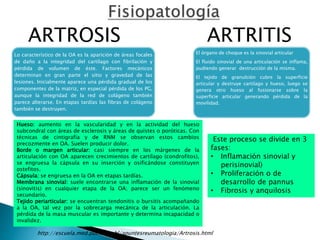 Lo característico de la OA es la aparición de áreas focales
de daño a la integridad del cartílago con fibrilación y
pérdida de volumen de éste. Factores mecánicos
determinan en gran parte el sitio y gravedad de las
lesiones. Inicialmente aparece una pérdida gradual de los
componentes de la matriz, en especial pérdida de los PG,
aunque la integridad de la red de colágeno también
parece alterarse. En etapas tardías las fibras de colágeno
también se destruyen.
ARTROSIS ARTRITIS
El órgano de choque es la sinovial articular
El fluido sinovial de una articulación se inflama,
pudiendo generar destrucción de la misma.
El tejido de granulción cubre la superficie
articular y destruye cartilago y hueso, luego se
genera otro hueso al fusionarse sobre la
superficie articular generando pérdida de la
movilidad.
Hueso: aumento en la vascularidad y en la actividad del hueso
subcondral con áreas de esclerosis y áreas de quistes o poróticas. Con
técnicas de cintigrafía y de RNM se observan estos cambios
precozmente en OA. Suelen producir dolor.
Borde o margen articular: casi siempre en los márgenes de la
articulación con OA aparecen crecimientos de cartílago (condrofitos),
se engruesa la cápsula en su inserción y osificándose constituyen
ostefitos.
Cápsula: se engruesa en la OA en etapas tardías.
Membrana sinovial: suele encontrarse una inflamación de la sinovial
(sinovitis) en cualquier etapa de la OA; parece ser un fenómeno
secundario.
Tejido periarticular: se encuentran tendonitis o bursitis acompañando
a la OA, tal vez por la sobrecarga mecánica de la articulación. La
pérdida de la masa muscular es importante y determina incapacidad o
invalidez.
http://escuela.med.puc.cl/publ/apuntesreumatologia/Artrosis.html
Este proceso se divide en 3
fases:
• Inflamación sinovial y
perisinovial)
• Proliferación o de
desarrollo de pannus
• Fibrosis y anquilosis
 