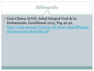 Bibliografía
 Guía Clínica AUGE, Salud Integral Oral de la
Embarazada, GuiaMinsal 2013, Pag 42-52.
http://web.minsal.cl/portal/url/item/955578f79a24
ef2ae04001011f01678a.pdf
 
