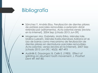 Bibliografía
 Sánchez Y. Andrés Eloy. Ferulización de dientes pilares
de prótesis parciales removibles a extensión distal
retenida por aditamentos. Acta odontol.venez [revista
en la Internet]. 2004 Sep [citado 2013 Jun 09]
 Mogensen Ma. Gabriela, Mata Erika, Méndez Iole,
Molina Luzkarín, Méndez Karla,Mendoza Adriana et al.
Uso de barras como mecanismo de ferulización de
dientes pilares en dentaduras parciales removibles.
Acta odontol. venez [revista en la Internet]. 2007 Sep
[citado 2013 Jun 09] ; 45(3): 487-493
 Aydinlik E, Dayangac B, Celik E. (1983). Effect of
splinting on abument tooth movement. J. Prosthet
Dent 49: 447-80.
 