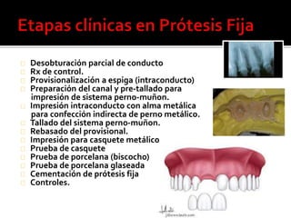 Desobturación parcial de conducto
Rx de control.
Provisionalización a espiga (intraconducto)
Preparación del canal y pre-tallado para
impresión de sistema perno-muñon.
Impresión intraconducto con alma metálica
para confección indirecta de perno metálico.
Tallado del sistema perno-muñon.
Rebasado del provisional.
Impresión para casquete metálico
Prueba de casquete
Prueba de porcelana (biscocho)
Prueba de porcelana glaseada
Cementación de prótesis fija
Controles.
 