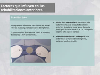 Factores que influyen en las
rehabilitaciones anteriores.
3- Análisis óseo
Se requiere un mínimo de 5 a 6 mm de ancho del
reborde alveolar para la colocación de implantes.
El grosor mínimo de hueso que rodea al implante
debe ser de 1 mm como mínimo.
• Altura ósea interproximal: parámetro más
determinante para el resultado estético
anterior. Se debería ubicar a una distancia
fisiológica de 2mm respecto al LAC, otorgando
soporte a los tejidos blandos.
• Concavidad vestibular a nivel apical: va a
determinar la inclinación del implante,
evitando una fenestración.
 