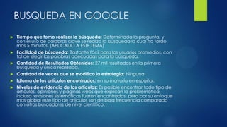 BUSQUEDA EN GOOGLE
 Tiempo que tomo realizar la búsqueda: Determinada la pregunta, y
con el uso de palabras clave se realizo la búsqueda la cual no tardo
mas 5 minutos. (APLICADO A ESTE TEMA)
 Facilidad de búsqueda: Bastante fácil para los usuarios promedios, con
tal de elegir las palabras adecuadas para la búsqueda.
 Cantidad de Resultados Obtenidos: 27 mil resultados en la primera
búsqueda y única realizada.
 Cantidad de veces que se modifico la estrategia: Ninguna
 Idioma de los artículos encontrados: en su mayoría en español.
 Niveles de evidencia de los artículos: Es posible encontrar todo tipo de
artículos, opiniones y paginas webs que explican la problemática,
incluso revisiones sistemáticas fueron encontradas, pero por su enfoque
mas global este tipo de artículos son de baja frecuencia comparado
con otros buscadores de nivel científico.
 