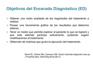 Objetivos del Encerado Diagnóstico (ED)

 Obtener una visión ampliada de las magnitudes del tratamiento a
  realizar.
 Poseer una herramienta gráfica de los resultados que debemos
  obtener.
 Tener un medio que permita explicar al paciente lo que se logrará y
  que este además participe activamente, pudiendo sugerir
  modificaciones al tratamiento.
 Obtención de matrices que guíen la ejecución del tratamiento.



               Dalvit DL, Parker MH, Cameron SM. Quick chairside diagnostic wax-up.
               J Prosthet Dent. 2002 May;87(5):581-2.
 