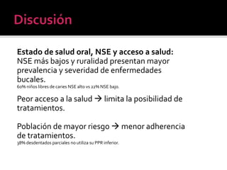 Estado de salud oral, NSE y acceso a salud:
NSE más bajos y ruralidad presentan mayor
prevalencia y severidad de enfermedades
bucales.
60% niños libres de caries NSE alto vs 22% NSE bajo.
Peor acceso a la salud  limita la posibilidad de
tratamientos.
Población de mayor riesgo  menor adherencia
de tratamientos.
38% desdentados parciales no utiliza su PPR inferior.
 
