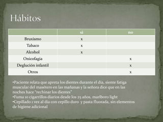 si no
Bruxismo x
Tabaco x
Alcohol x
Onicofagia x
Deglución infantil x
Otros x
•Paciente relata que apreta los dientes durante el día, siente fatiga
muscular del masétero en las mañanas y la señora dice que en las
noches hace “rechinar los dientes”
•Fuma 10 cigarrillos diarios desde los 25 años, marlboro light
•Cepillado 1 vez al día con cepillo duro y pasta fluorada, sin elementos
de higiene adicional
 