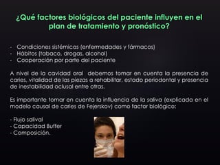 ¿Qué factores biológicos del paciente influyen en el
plan de tratamiento y pronóstico?
- Condiciones sistémicas (enfermedades y fármacos)
- Hábitos (tabaco, drogas, alcohol)
- Cooperación por parte del paciente
A nivel de la cavidad oral debemos tomar en cuenta la presencia de
caries, vitalidad de las piezas a rehabilitar, estado periodontal y presencia
de inestabilidad oclusal entre otras.
Es importante tomar en cuenta la influencia de la saliva (explicada en el
modelo causal de caries de Fejerskov) como factor biológico:
- Flujo salival
- Capacidad Buffer
- Composición.
 
