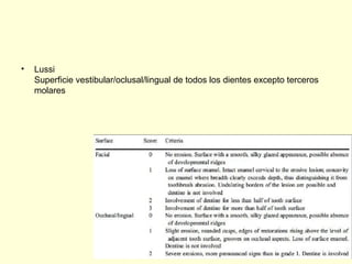 • Lussi
Superficie vestibular/oclusal/lingual de todos los dientes excepto terceros
molares
 
