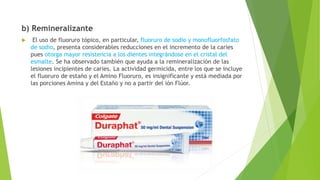 b) Remineralizante
 El uso de fluoruro tópico, en particular, fluoruro de sodio y monofluorfosfato
de sodio, presenta considerables reducciones en el incremento de la caries
pues otorga mayor resistencia a los dientes integrándose en el cristal del
esmalte. Se ha observado también que ayuda a la remineralización de las
lesiones incipientes de caries. La actividad germicida, entre los que se incluye
el fluoruro de estaño y el Amino Fluoruro, es insignificante y está mediada por
las porciones Amina y del Estaño y no a partir del ión Flúor.
 